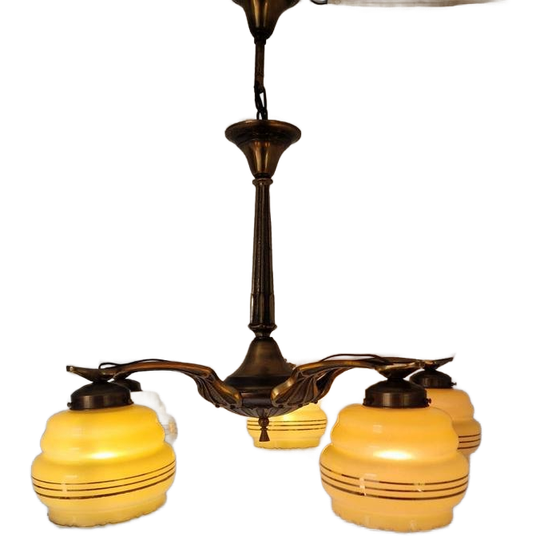 Art Deco Bronzen 5 Armige Kroonluchter. 1