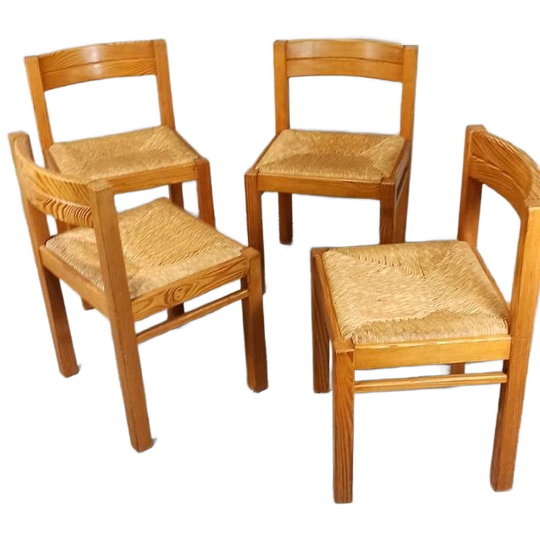 Set Van 4 Vintage Design Hout En Riet Eetkamerstoelen 1