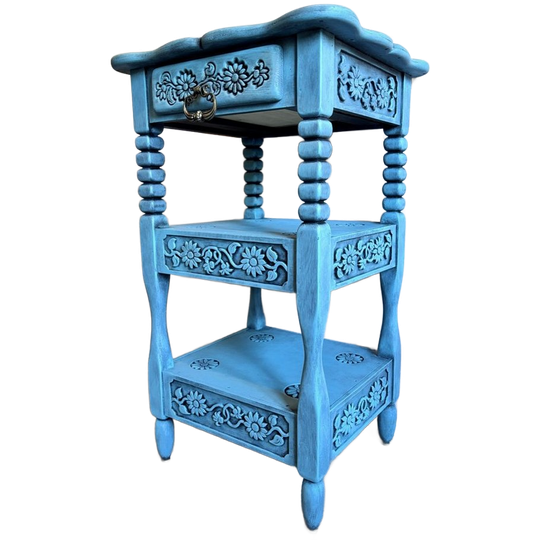 Blauw Ladekastje Met Bloemen, 84 Cm Hoog 1