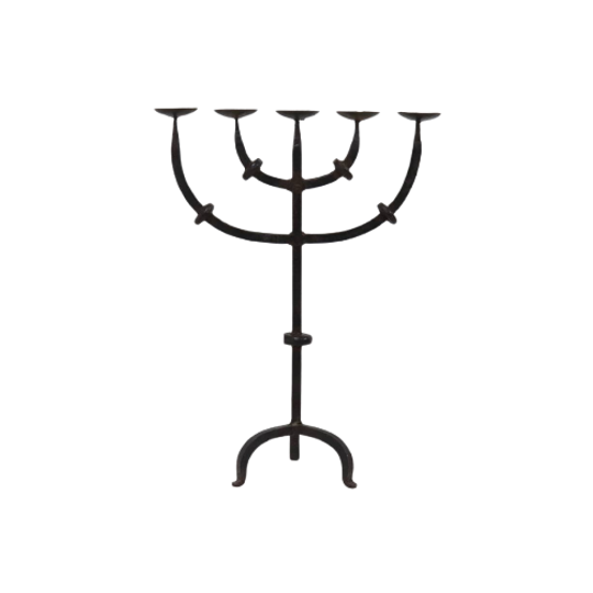 Large Brutalist Wrought Iron 5 Arm Candle Holder 1950s 1