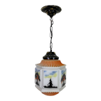 Art Deco Hanglamp Met Glazen Kap Met Natuur-Taferelen, Jaren 30 thumbnail 1