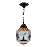 Art Deco Hanglamp Met Glazen Kap Met Natuur-Taferelen, Jaren 30