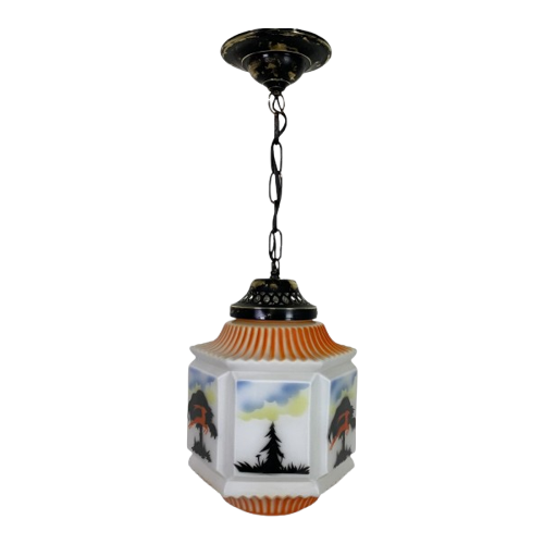 Art Deco Hanglamp Met Glazen Kap Met Natuur-Taferelen, Jaren 30