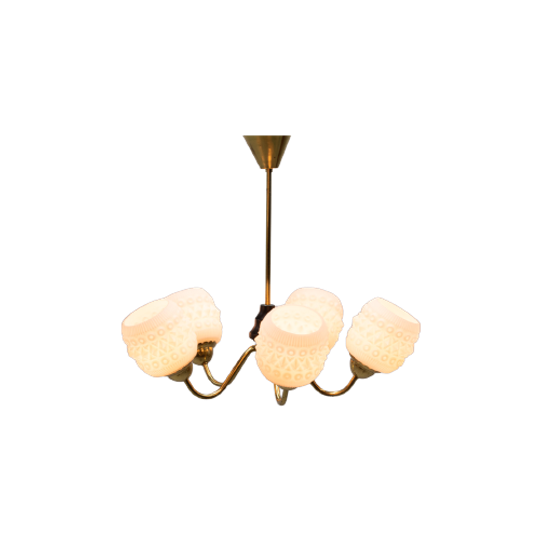 White Crystal Shades Brass Ceiling Lamp, Sweden 1950’s 1