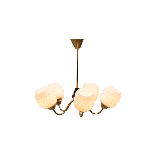 White Crystal Shades Brass Ceiling Lamp, Sweden 1950’S