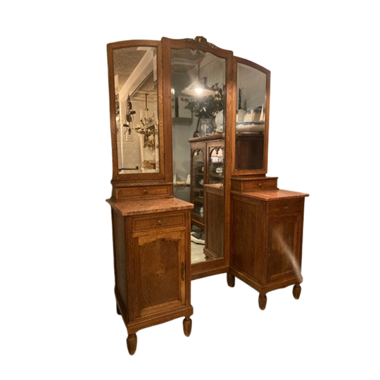 Demontabele Antiek Eiken Kaptafel, In Het Midden Een Passpiegel, 132 Cm Breed 1
