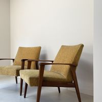 Twee Vintage Fauteuils Met Teak Houten Frame En Gele Bekleding