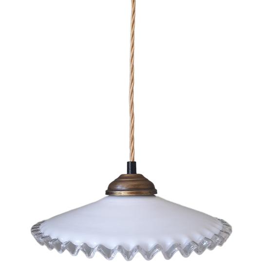 Vintage Hanglamp Van Wit Opaline Glas - Franjes - Clichy 1