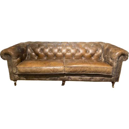 Stoere Chesterfield 3 Zits Bank In Vintage Taupe Bruin Leder