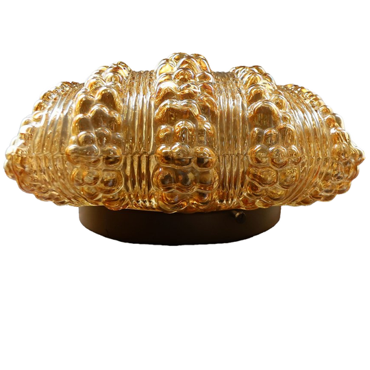 Vintage Plafonnière Vierkant Bubbel Patroon Amber Glas, Duitsland Jaren '60 1