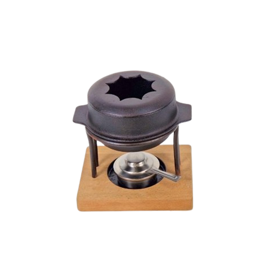 Vintage Fondueset Kosta Boda Shop Gietijzer Hout Zweden '60 1
