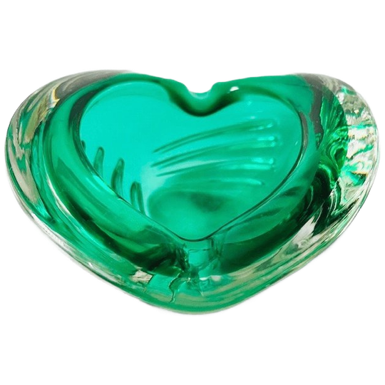 Mid-century Vintage Hartvormige Glazen Schaal Murano Glas Groen 1960’s 1