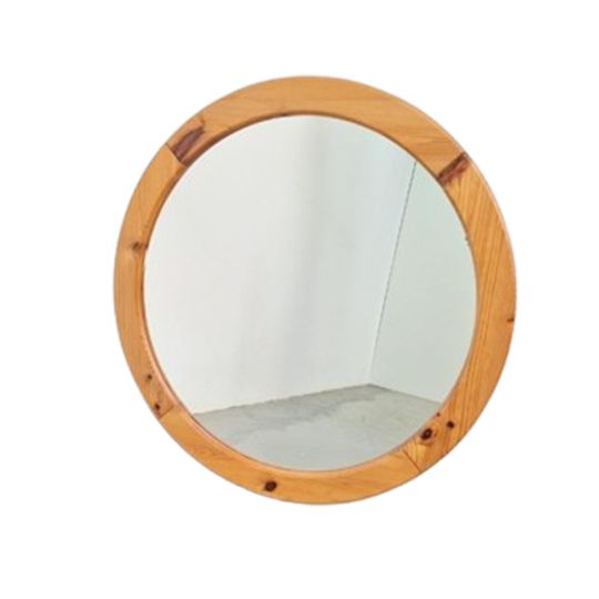 Vintage Pine Wood Ronde Spiegel Scandinavisch ’70 Retro 1