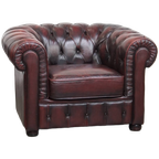 Grote Donkerrode Gevlamde Rundleren Chesterfield Clubfauteuil/ Armchair thumbnail 1