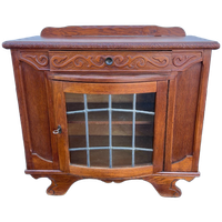 Vintage Eiken Theekastje Met Glas In Lood Deurtje, 80 Cm Breed