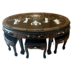 Chinese Salontafel Met Hout Snijwerk (Inclusief 6 Krukken) thumbnail 1
