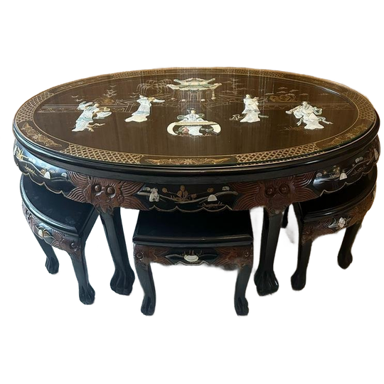 Chinese Salontafel Met Hout Snijwerk (inclusief 6 Krukken) 1