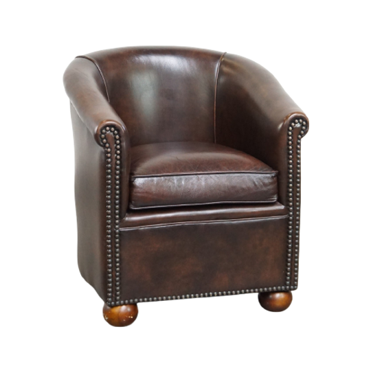 Prachtige Luxe Donkere Rundleren Clubfauteuil Met Bolpoten In Engelse Stijl 1