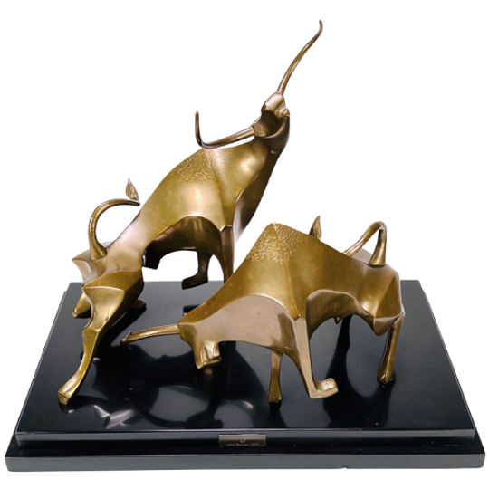 Bronzen Beeld “fighting Bulls” Op Marmeren, John Mulvey 1978 1