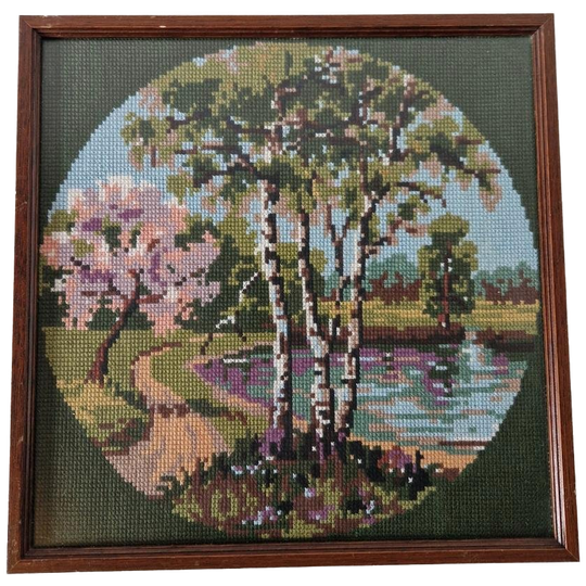 Vintage Geborduurd Schilderij Zomer Berken Jaren 70 Lijst 1