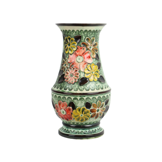 Vintage West Germany Kleurrijk Aardewerk Zeldzame Bloemen Vaas Bay 98-50 1