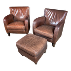 Set Van 2 Vintage Leren Fauteuils Met 1 Poef thumbnail 1