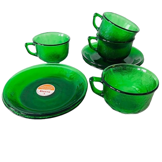Set Vintage Arcoroc Sierra Groen Glas Ontbijtservies 1960’s 1