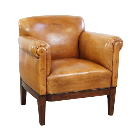 Luxe, Gerestaureerde Antieke Art Deco Schapenleren Fauteuil Met Een Correct Zitcomfort 1
