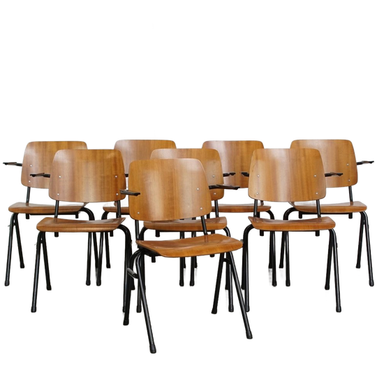 Set Van 8 Vintage Jaren ’60 Dutch Design Marko School/kantine/eetkamerstoelen Met Armleuningen 1