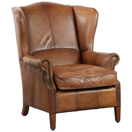 Tijdloze Cognac Kleurige Engelse Stijl Oorfauteuil Gemaakt Van Rundleer Afgewerkt Met Siernagels En Mooie Details 1