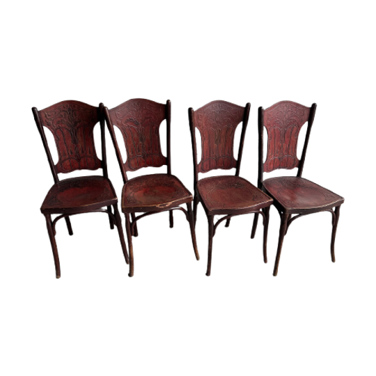Set Van 4 Rode Houten Stoelen Door Jacob & Josef Kohn Uit Oostenrijk 1900 1