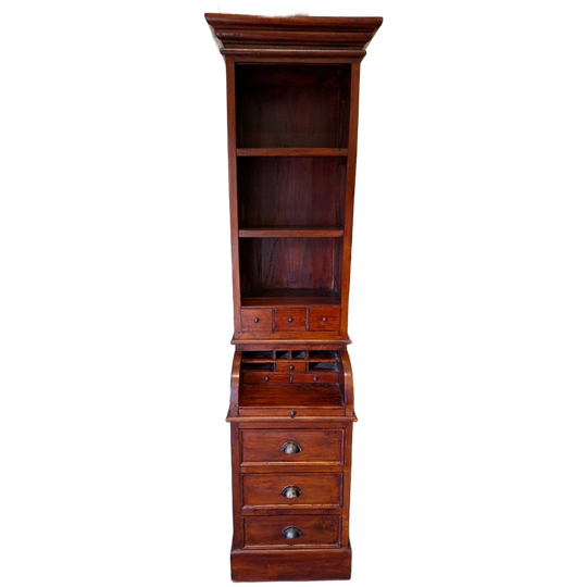 Koloniaal Teakhouten Boekenkast, Halkast Servieskast, Afm. 50x54cm En 215cm Hoog. 1