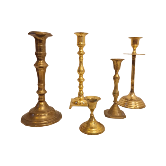 Set Van 5 Messing Kandelaars Vintage Kandelaar 1