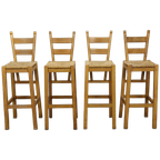Set Of 4 Bar Stools In Solid Oak And Rattan, 1970s thumbnail 1