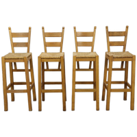 Set Of 4 Bar Stools In Solid Oak And Rattan, 1970s