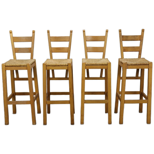 Set Of 4 Bar Stools In Solid Oak And Rattan, 1970s 1