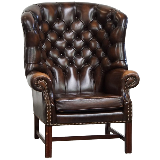 Donkerbruine, Sierlijke Rundleren Chesterfield Oorfauteuil In Een Klassieke Engelse Stijl 1