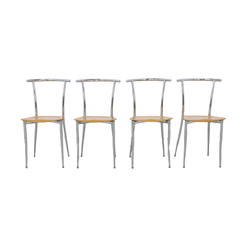 4X Postmodern Dining Chair In Chrome And Plywood By Segis, 1990S