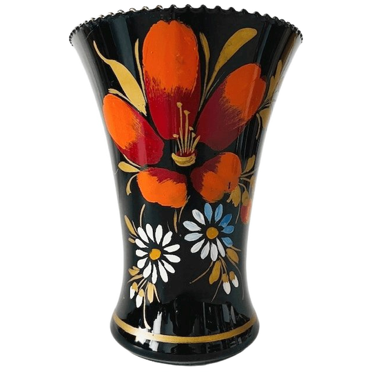 Grote Hyalith Glas Vaas Zwart Oranje Bloemen 1950’s 1