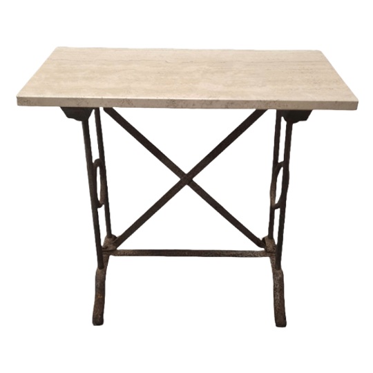 Oude Metalen Bijzettafel Met Travertin Blad 1