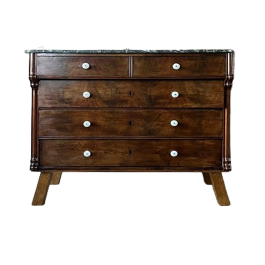 Prachtige Franse Vintage Commode Met Marmeren Blad- Houtkleure 1