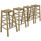 Set Of 4 Barstools In Wood And Cane, 1970s thumbnail 1
