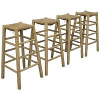 Set Of 4 Barstools In Wood And Cane, 1970s