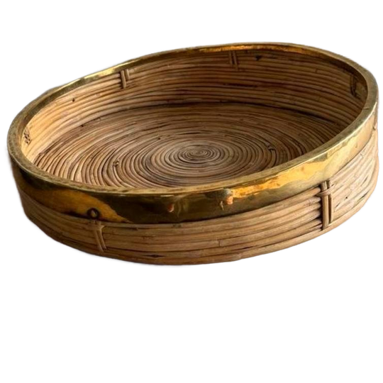 Mand Schaal Rotan Riet Messing Vintage 1