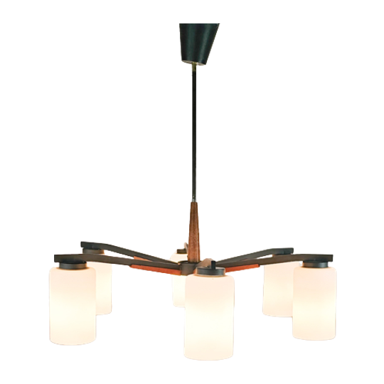 Vintage - Denemarken - 6 Armige Plafonlamp - Teak - Metaal - Opaal Glas - 60's 1