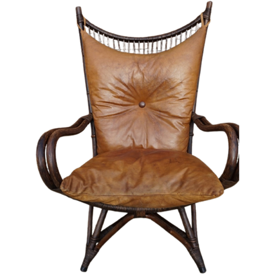 Vintage Rotan/bamboe Lounge Chair Met Leren Kussens, Jaren 60, Togeschreven Aan Rohé Noordwolde 1