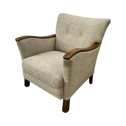 Vintage Fauteuil - Houten Armleuningen - Ecru Bouclé Stof