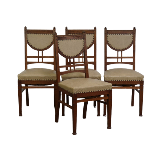 Set Van 4 Antieke Design Eetkamerstoelen, Jugendstil/ Art Nouveau Stijl, Lichte Skai Lederen Bekl 1