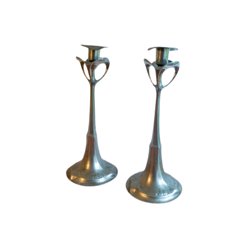 Pair Of Art Nouveau Candlesticks By Hugo Leven * Pewter 95% Tin *  Jugendstil *  1901