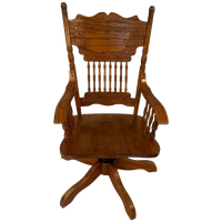 Vintage - Solid Oak - Rotating Desk Chair With Turned Colums And Hand Carved Backrest